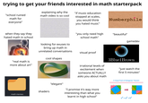 trying to get your friends interested in math starterpack "school ruined math for everyone" explaining why the math video is so cool "if music education stopped at scales, you would think you hated music" Numberphile when they say they hated math in school looking for exuses to bring up math in unrelated conversations cool shapes "real math is more about art" shaders math memes "you only need high school math" "beautiful" gamedev visual proof 3Blue1 Brown irrational levels of excitement when someone ACTUALLY asks you about math "'just watch the first 5 minutes" A Visual Proof of Pythagoras' Theorem "elegant" "I promise it's way more interesting than what you learnt in high school" C b b b² C² a b c² = a² + b² a a2 a b