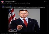 A post about Glen Powell dressed as a president. It reads, "He looks like a fake political candidate in GTA."