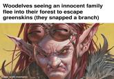 Woodelves seeing an innocent family flee into their forest to escape greenskins (they snapped a branch) made with mematic