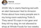 Patrick @lunch_enjoyer 2029: My tv starts flashing red with an alert because I lied to Amazon Prime about how many people are in my living room watching Trolls 5. They send 15 cops in riot gear and they kill my dog. Im not allowed to shop at Whole Foods for two weeks.