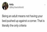 Kelly @BoyYeetsWorld Being an adult means not having your bed pushed up against a corner. That is literally the only criteria