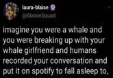 laura-blaise @BlaisinSquad imagine you were a whale and you were breaking up with your whale girlfriend and humans recorded your conversation and put it on spotify to fall asleep to,