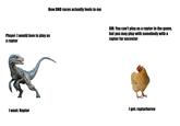 How DND races actually feels to me Player: I would love to play as a raptor DM: You can't play as a raptor in the game, but you may play with somebody with a raptor far ancestor I get: raptorborne I want: Raptor