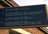 1. If this sign is on, the factory is open. 2. If this sign is on, the factory is closed but we forgot to turn the sign off. 3. If this sign is off, the factory is closed. 4. If this sign is off, the factory is open but we forgot to turn the sign on.