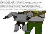 Guard: Is this your cat? Party: Oh no... What'd he do this time? Guard: He broke all the alchemist's bottles, broke into several houses to beat up their dogs, ate an entire fish barrel and licked his own balls in public afterwards. Take him back please.