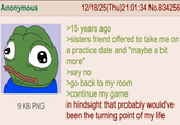 Anonymous 9 KB PNG 12/18/25(Thu)21:01:34 No.834256 >15 years ago >sisters friend offered to take me on a practice date and "maybe a bit more" >say no >go back to my room >continue my game in hindsight that probably would've been the turning point of my life
