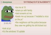 Anonymous 20 KB JPG >look at pc 10/17/20(Sat)15:37:32 No.838054717 >be me at 15 >share pc with family >dad screams at me >beats me up because I "installed a virus on the pc" >the neighbors call the police because they saw me getting his s--- kicked out >it's the windows 10 update