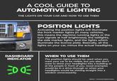 A COOL GUIDE TO AUTOMOTIVE LIGHTING THE LIGHTS ON YOUR CAR AND HOW TO USE THEM POSITION LIGHTS Activating the position lights will illuminate the front marker lights (in many vehicles, this means the daytime running lights or the turn signals at half brightness), the taillights, the side marker lights, and the lights which illuminate the license plate. Basically, all the lights on your car, minus the actual headlights. DASHBOARD INDICATOR ED OE WHEN TO USE THEM The position lights should be used when you want your car to be visible, but you also don't want to shine your headlights into a building or at the people in front of you. Good examples would be in a drive-through or when your headlights would be shining straight into a window unnecessarily. REDDIT ⚫ U/GOODEVENINGITSASA