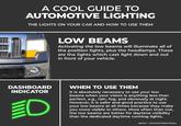 A COOL GUIDE TO AUTOMOTIVE LIGHTING THE LIGHTS ON YOUR CAR AND HOW TO USE THEM LOW BEAMS Activating the low beams will illuminate all of the position lights, plus the headlamps. These are the lights which cast light down and out in front of your vehicle. DASHBOARD INDICATOR ED WHEN TO USE THEM It is absolutely necessary to use your low beams when your vision is anything less than perfect, e.g., rain, fog, and obviously at night. However, it is safer and good practice to use your low beams at all times because they make you more visible to others. More often than not, the low beams are better for daytime visibility than the dedicated daytime running lights. REDDIT • U/GOODEVENINGITSASA