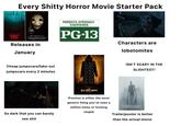 Every S----- Horror Movie Starter Pack NIGHT SWIM ONE MISSED CALL Releases in January PARENTS STRONGLY CAUTIONED PG-13 Characters are lobotomites Cheap jumpscare/fake-out jumpscare every 2 minutes DOVY THUK IT DON'T SAY IT. POVT THINK IT DON'T SAY IT, POVY THUKIT DONY SAY 11 POV'T THINK IT DONT GAY POUT THUK IT. DON'T SAY IT POVY TRUK IT DON'T SAY Is ISN'T SCARY IN THE SLIGHTEST! So dark that you can barely see s--- THE BYE BYE MAN Premise is either the most generic thing you've seen a million times or f------ stupid SLENDER MAN Trailer/poster is better than the actual movie