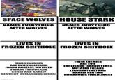 SPACE WOLVES HOUSE STARK NAMES EVERYTHING AFTER WOLVES NAMES EVRYTHING AFTER WOLVES LIVES IN LIVES IN FROZEN S------- FROZEN S------- THEIR ENEMIES ARE EVIL ENGLISMEN (DARK ANGELS), MUTATED FREAKS (THOUSAND SONS) AND BARELY SENTIENT HUMANOIDS (ORKS) THEIR ENEMIES ARE EVIL ENGLISMEN (LANNISTERS), MUTATED FREAKS (TARGARYENS) AND BARELY SENTING HUMANOIDS (WILDLINGS) imgflip.com