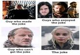 Guy who made the joke Guys who enjoyed the joke Guy who can't get the joke The joke