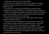 > alicent claims the cannibal > she learns about ormund's plot to make daeron king and flies to tumbleton to kill them both > ormund is already dead but she finds vigilance and wields it and beheads daeron > she accidentally kills daemon and caraxes and takes dark sister from daemon's body. she now wields two swords > she learns aemond is still alive and flies back to harrenhal > aemond and vhagar and alicent and the cannibal fight above the gods eye. alicent leaps from the cannibal to vhagar and drives vigilance through aemond's eye and dark sister through his empty eye socket > aemond and both dragons die but alicent somehow survives