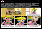 Supper Mario Broth @MarioBrothBlog 0 In Mario Super Sluggers, one of Peach's animations has strange black pixels near her shoulder. It turns out that this is her own heavily corrupted eyelashes that have turned inside out and are poking out of her cheek like some sort of abnormal facial hair growth. Peach A slap hitter who can pitch the lights out. Heart Ball Heart Swing Quick Throw 71/71 What is this?! OK Back >Chemistry : Switch : Swi In the Challenge Mode selection screen in Mario Super Sluggers, there is a small irregularity on Peach's shoulder when selecting her. The model is too small in-game to see any details. Zooming in on her model reveals that the eyelashes on her right eye (viewer's left) are missing. It turns out that the black objects are actually her eyelashes being tumed inside out and poking out of her cheek. This in the result of an incorrectly assigned deformation value for her blinking animation. Source: info: Geno Penguin (@PenguinTheGeno), screenshots by Supper Mario Broth