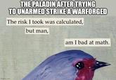 THE PALADIN AFTER TRYING TO UNARMED STRIKE A WARFORGED The risk I took was calculated, but man, am I bad at math. imgflip.com