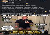 Jeff Dillon 3rd+ + Fol... Driving Global Growth Through Crypto... 2d The realities of remote work. AA Business up top. Gym shorts down below. One minute I'm discussing payment strategy and enterprise partnerships. The next I'm ready to head straight to the gym. Please tell me I'm not the only remote worker who's mastered the "professional from the waist up" look. Anyone else guilty of this? Be honest! THE REALITIES OF REMOTE WORK ON ZOOM: POLO HAIR CUT READY TO DISCUSS Q3 STRATEGY 88 CAN THEY SEE MY QUADS? PROBABLY. DO I CARE? NOT REALLY. OFF ZOOM: GYM SHORTS LEG DAY ALWAYS READY TO SQUAT BUSINESS UP TOP PARTY ON THE BOTTOM (CAMERA ANGLES ARE EVERYTHING) 5618T