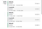 04 Work Tue 0009 9:55 AM 10:30 AM Lunch - 0.58 h 0009 0.50 h 10:30 AM 11:00 AM - Work 0009 5.50 h 11:00 AM - 4:30 PM Lunch 0009 0.50 h 4:30 PM 5:00 PM - Work 0009 0.98 h - 5:00 PM 5:59 PM