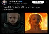 Cattermole @OtunbaSebotimo Follow How did Aegon's skin burn but not Daenerys?