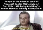 People in the German town of Neustadt an der Weinstraße on Dec 15th, 1918 being told they're under Siamese military occupation: imgflip.com [visible confusion]