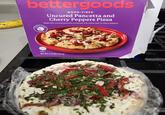bettergoods WOOD-FIRED Uncured Pancetta and Cherry Peppers Pizza Made with uncured pancetta combined with sweet heat of cherry peppers SINGLE SERVE PIZZA U.S. NET WT 5.35 OZ (152 g)