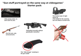 "Gun stuff portrayed on the same way at videogames" Starter pack: (Only pump action, no semi-auto for you) (No full auto, only semiautomatic) *Reloading manually without speedloader intensifies* This "little thingie" sneaking in the gun model N This f------ type of sight shows up (The model for the scanning was very likely an airsoft one)