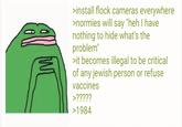 >install flock cameras everywhere >normies will say "heh I have nothing to hide what's the problem" >it becomes illegal to be critical of any jewish person or refuse vaccines >????? >1984