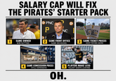 SALARY CAP WILL FIX THE PIRATES' STARTER PACK PNC LET'S GO LET'S GO BUC BUCS P NC T 1 SAME OWNER BOB NUTTING 2 SAME FRONT OFFICE 3 SAME TICKET PRICES SAME DECISIONS KEEP PAYING MORE 4 IRON CITY IRON CITY SAME CONCESSION PRICES STILL EXPENSIVE 5 OH. 30 PLAYERS MAKE LESS TALENT KEEPS LEAVING