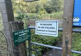 TO THE HILL please follow the ORANGE and GREEN WAYMARKERS NO WALKING WE ARE STALKING September to October Under the A dog may be in the act o Livestock by Sheep are fr by dogs. Cho extreme stre mismotherine horrific injuria euthanasia KEEP Y
