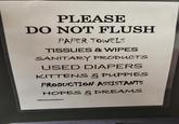 PLEASE DO NOT FLUSH PAPER TOWELS TISSUES & WIPES SANITARY PRODUCTS USED DIAPERS KITTENS & PUPPIES PRODUCTION ASSISTANTS HOPES & DREAMS -MANAGEMENT