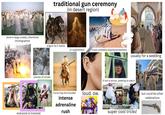 done in large crowds, oftentimes choreographed traditional gun ceremony (in desert region) origins lie in battle or superstition music probably playing somewhere usually for a wedding plumes of smoke everyone is involved horse may be included loud. ow. intense adrenaline rush if not in action, peeking to watch super cool tricks! but could be other celebrations