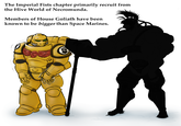 The Imperial Fists chapter primarily recruit from the Hive World of Necromunda. Members of House Goliath have been known to be bigger than Space Marines.
