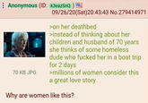 Anonymous (ID: k3eazSnQ) 70 KB JPG 09/26/20(Sat)20:43:43 No.279414971 >on her deathbed >instead of thinking about her children and husband of 70 years she thinks of some homeless dude who f----- her in a boat trip for 2 days >millions of women consider this a great love story Why are women like this?