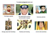 The shonen protagonist starter pack Humongous appetite Very determined to improve and accomplish a big goal Extremely optimistic Strongly values their friendships Reckless and risk taking A bit of a idiot sometimes