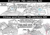 NOOOO!! WE ARE DOOMED! England, 7th century AD 500 Jutes and 1500 Saxons are landing on our land! China and Korea, 7th century AD Look!! China-chan...! We Killed 300,000 of yours and river turned red..! Than we'll send 3 MILLION more You barbaric Koreans..) Yay...!!!