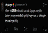 Eddy Murphy @ViscountConsett. 7h Its funny that GRRM is reluctant to have cadet Targaryens (except the Blackfyres) so every time the family gets big he wipes them out with tragedies of decreasing plausibility 55 189 6.1K Ill 223K
