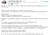 #HIRING Amanda Zhu in ⚫ 2nd The API for meeting recording | Co-founder at R... Visit my website 4h • + Follow Before I extend an offer, I take the candidate's significant other to dinner. To be clear: the dinner is NOT an interview. The point of the dinner is to answer any questions the SO has. Who I am. What they are signing up for. What support we provide for relocation. When a candidate takes a role, their SO is making sacrifices as well. A career is only one piece of the candidate's life. A much bigger piece is their family. For one of these, I flew to LA to meet a candidate's SO. The candidate told me later: "I can't believe you flew down just for that. That's when I knew I wasn't a number in a pipeline." He's still with us three years later. Retention starts before the offer. p.s. no it's not just the SO. The candidate gets dinner too.