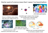 Starter pack of science news that I swear I've heard before Once in a lifetime solar eclipse that will cover 100% of the sun home inventor creates process to turn plastic waste to gasoline Breakthrough in physics that changes our fundamental understanding of the nature of reality January 1, 2015 November 1, 2015 New algae extract that causes dramatic weight loss Scientist discovers new method to eliminate cancer cells See Surface Temperature Anomaly Highest ever recorded temperature or anomalous weather event
