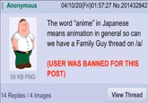 Anonymous 59 KB PNG 04/10/20(Fri)01:57:27 No.201432842 The word "anime" in Japanese means animation in general so can we have a Family Guy thread on /a/ (USER WAS BANNED FOR THIS POST) 14 Replies/4 Images View Thread
