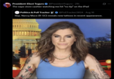 President-Elect Toguro @PresidentToguro - 21h The vape store cashier watching me hit "no tip" on the iPad @PollTracker2024 - Aug 16 Rep. Nancy Mace (R-SC) reveals new tattoos in recent appearance. Politics & Poll Tracker 8