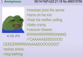 Anonymous 06/14/19(Fri)22:21:18 No.466515790 43 KB JPG >mexican joins the server >turns on his mic >hear his mother yelling >baby crying >vacuum cleaner WWWWRRRRRRIIINNNG >"CAAAAASSSSOOOO CEEEERRRRRAAAAADO000000" >police sirens >dog barking