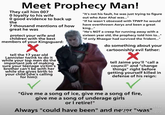 Meet Prophecy Man! They call him 007 0 loyalty to his wife O good evidence to back up the 7 thousand mentions of how great he was protect your wife and children with the best members of your Kingsguard: tell the 17 year old Lannister twink to do it while your top men do the important job of making sure your teenage victim's brother can't be with her while she gives birth to your child she's calling for him): "It's not his fault, he was just trying to figure out who Azor Ahai was..." "If he wasn't obsessed with TPWP he would have overthrown Aerys and been a great king..." "He's NOT a creep for running away with a sixteen year old, the prophecy told him to..." "If only Rhaegar had survived the Trident..." do something about your cartoonishly evil father: tell Jaime you'll "call a council" and "change things" right before getting yourself killed in defense of his reign: "Give me a song of ice, give me a song of fire, give me a song of underage girls or I retire!" @toastedjamandbutter Always "could have been" Hom & Tik Tok comment