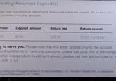 arding Returned Deposit(s) ow that the check(s) referenced below was returned unpaid. As a result, the removed from the account. mber Deposit amount Return fee Return reason 29 $0.31 $25.00 STOP PAYMENT y to serve you. Please note that this letter applies only to the account eed assistance or have any questions, please call us at one of the numbe of an independent investment advisor, please call your advisor directly, c -515-2157. y, trading, and the support services of Charles Schwab & Co., Inc. ("Schwab"), member SIPC, to independent vestment Management, Inc. ("CSIM").
