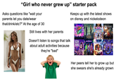 "Girl who never grew up" starter pack Asks questions like "wait your parents let you date/wear that/drink/etc?" At the age of 30 Still lives with her parents Doesn't listen to songs that talk about adult activities because they're "bad" Keeps up with the latest shows on disney and nickelodeon DISNEY DISNEY ULTRA VIOLET BLACK SCORPION SECRETS OF SULPHUR SPRINGS Disney SATURDAYS DISNEY DISNEY Magic Bake-Off VILLAINS VALLEY VIEW Pretty Freekin Scar Wizards BEYOND WAVERLY PLACE Her peers tell her to grow up but she swears she's already grown