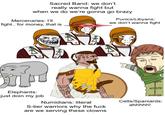 Sacred Band: we don't really wanna fight but when we do we're gonna go brazy Mercenaries: I'll fight.. for money, that is Punics/Libyans: we don't wanna fight HERSE Elephants: just doin my job Numidians: literal S-tier warriors why the f--- are we serving these clowns Celts/Spaniards: ahhhhh!
