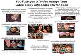 YouTube gen z "video essays" and video essay adjacents starter pack repetitive and poorly made attempt at intellectualism or analysis or criticism thumbnail consists of them making a face (usually mildly disgusted) in the middle with examples of the topic behind them, also yellow text in the center like: "this is not good..." "media literacy" "w-- is this chronically online INCEL HORROR 19 year old talking about?" "The Coquetteification of Catholicism and the female manipulator of the toxic feminity and how it reinforces autopedophilic heteronormativity of the-" word salad bro "gen alpha can't READDDD" His First Word was "Pad *LISTENS TO B-------* 28:26 Turns Out The "Nice Guy" Is TERRIFYING... Marina McBain 300K views 3 weeks ago always using 8 second long tiktoks to sum up all of reality SAME GUY DIFFERENT GEN 26:14 can we normaliz the other famil for playda This is NOT Haylo Hayley Approved "anti-brainrot" This is TERRIFYING 28:12 Gen Beta is WORSE than Gen Alpha 788K views - 5 months ago "That's NOT aword" "What is S-H-E Gen Alpha Can't Read Three-Letter Words Casey Simpson - 389K views - 2 months ago 29:48 JYV she made $500... Has Rage-Bait on TikTok Gone Too Far? 45K views 9 hours ago 10:42 probably concerns themselves way too much with social media anyway 30 minutes of just straight doomerism and pessimism probably looks like this if not just the equivalent This doesn't look good IED About DEATH