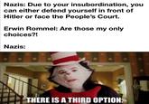 Nazis: Due to your insubordination, you can either defend yourself in front of Hitler or face the People's Court. Erwin Rommel: Are those my only choices?! Nazis: THERE IS A THIRD OPTION.