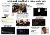 Θ remote work straight out of college starter pack "coworkers aren't your friends bro" - tells this to anyone who says they like hanging out with their coworkers goes to coffee shops just to feel something friends and family: "you're so lucky you work from home" secretly miserable secretly jealous socializes by arguing with Bucks redditors 1mo ago Have we made baffling, dogshit moves? Yes. Fantastic work life balance Did we win a championship in recent history? Also yes. 17 ⇓ Reply Big Arrival 626.1mo ago "coworkers aren't your friends" all your college friends are hanging out with their coworkers after work, going to happy hours, and one of them is dating a coworker now and ignores your texts feels unemployed despite making $70k Ya but that was fraudulent chip because dario saric was injured -10 ⇓ Reply complains about being remote literally once u/NewGrad22-4h tbh fully remote kinda sucks sometimes 5:00 pm: closes work laptop 5:01 pm: opens personal laptop Reply -135↓ u/BlueCollarMindset - 3h be grateful you have a f------ job you c--- Reply 2.4k+ "then why didn't you take an in-person job?" in-person offer: $56,000 +45 minute commute + 5 days in office ???