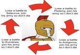 Lose a battle to Seleucus, join his army so don't die Lose a battle to Ptolemy, join his army so I don't die Lose a battle to Eumenes, join his army Lose a battle to Antigonus, join his army so I don't die so I don't die