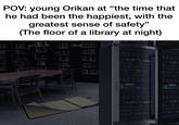 POV: young Orikan at "the time that he had been the happiest, with the greatest sense of safety" (The floor of a library at night) www. 1111 GOOD METRYS RIVI 14 14 5221 914 5281 E OR 114 The 5221 7111 www 1111 www. 52e1 110 AUCTION 1111 5555 5221 LEEE 414 914 418 MON 528 818 418 5281 M 814 WIE WIN 1. 148 1111 1111 Szer
