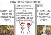HOW POPES PROLIFERATE: SITUATION: THERE ARE 2 COMPETING POPES 2?! RIDICULOUS! WE NEED TO CONVENE ONE UNIVERSAL COUNCIL THAT DEPOSES BOTH AND ELECTS A SINGLE POPE FOR EVERYONE! SOON: SITUATION: THERE ARE 3 COMPETING POPES YEAH!